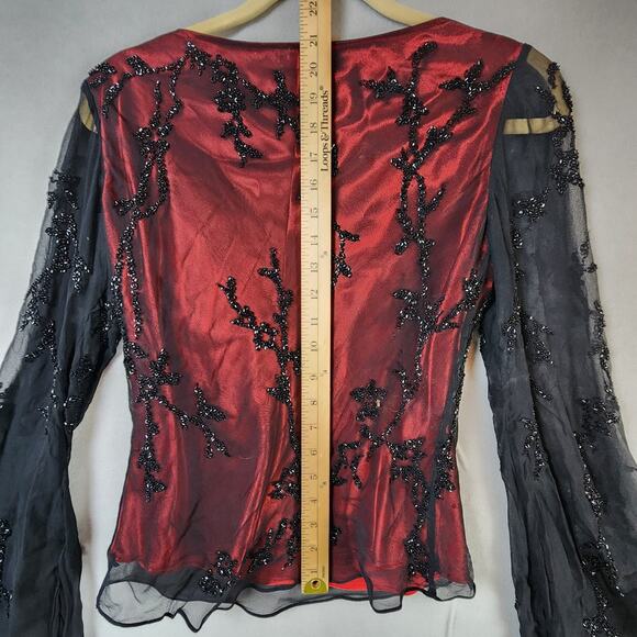 Caché 100% Silk Sheer Blouse Medium Beaded Bell Sleeves Red Black - Picture 7 of 12